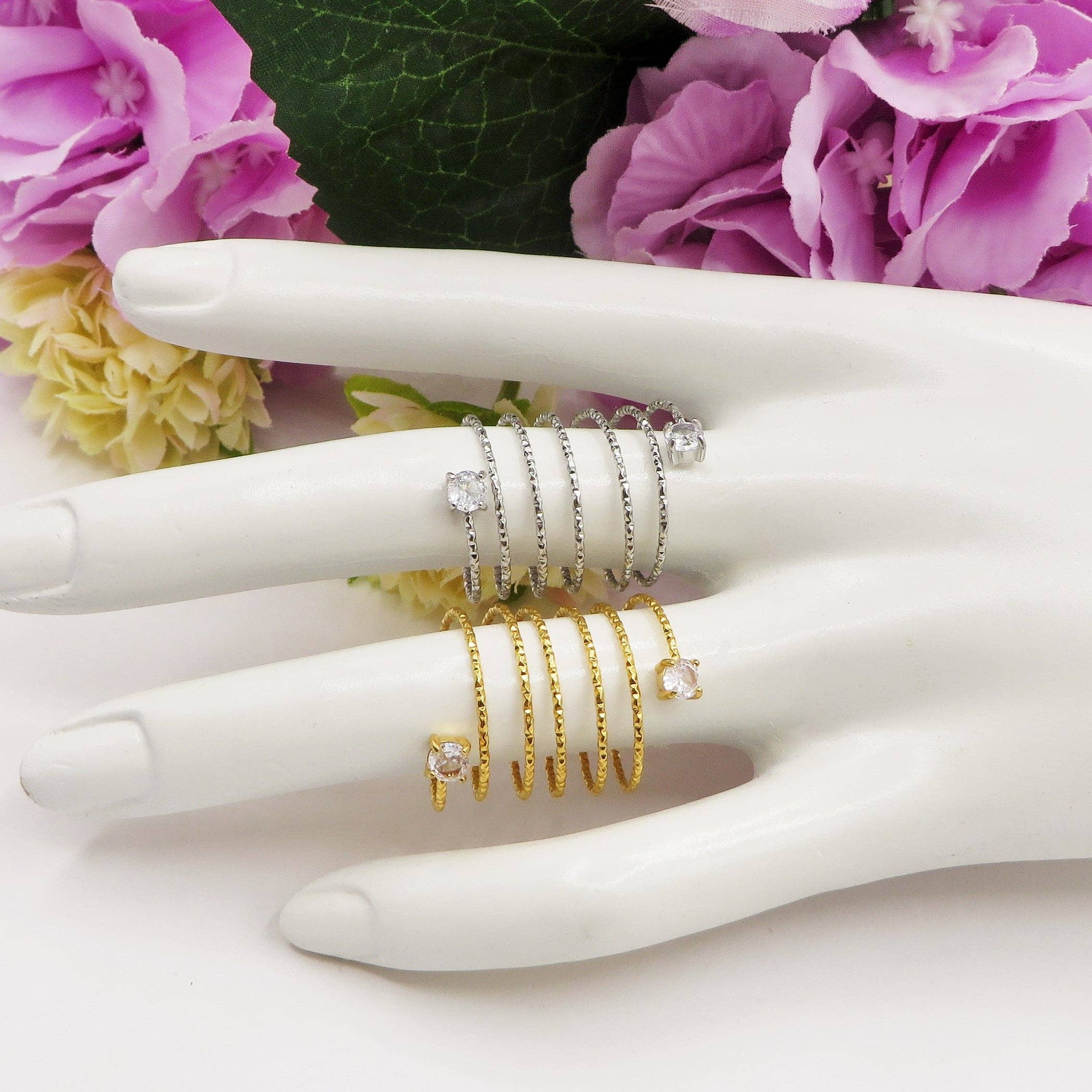 Daemon srls - Wholesale Cocktail/Statement Ring - ANITA ~ Anello a spirale regolabile in ACCIAIO INOSSIDABILE con cubic zirconia8