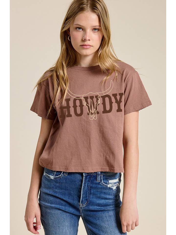 Zutter - Wholesale Screen Printed T-Shirt - Women's - PUFF' Cow Skull Howdy Graphic S/S Seamless Faux Crop6
