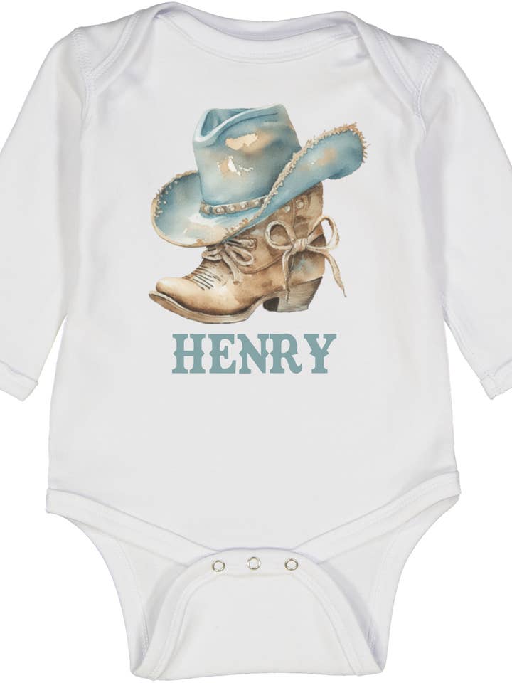 Cowboy Boot with Blue Hat Long sleeve onesie Personalized for wholesale by Initial Request