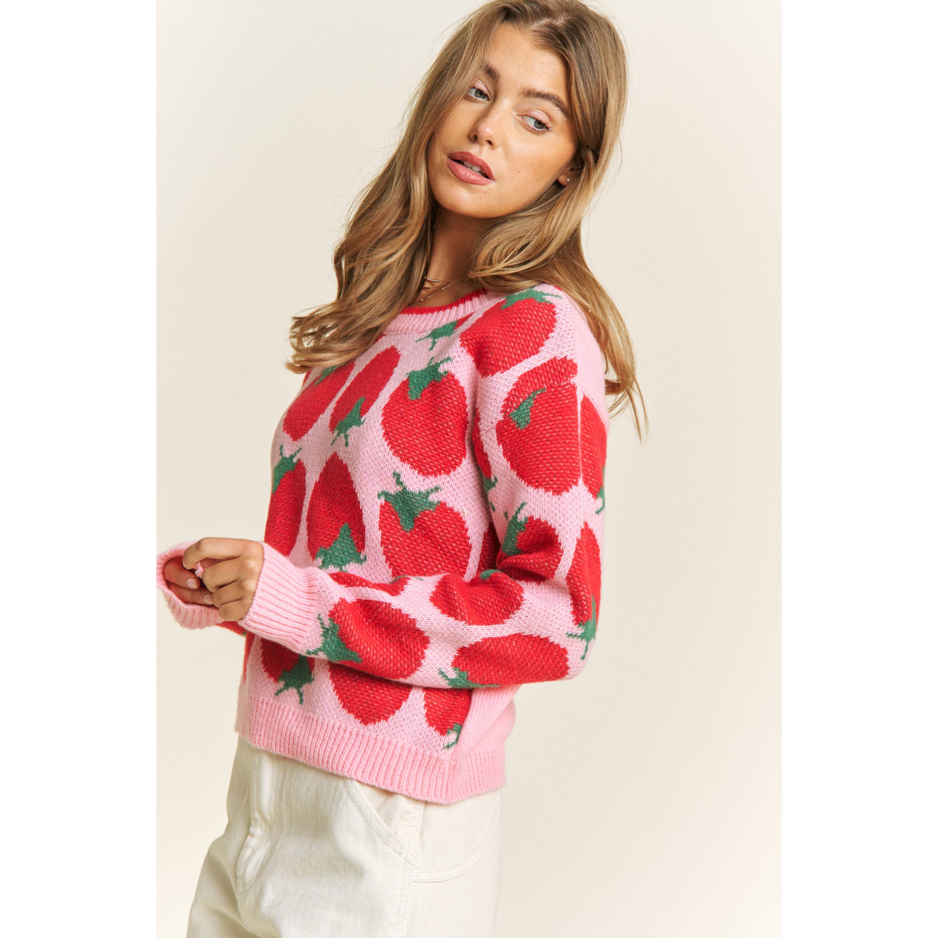 Pink Multi CUTE STRAWBERRY JACQUARD CASUAL PULLOVER SWEATER for wholesale on Faire9