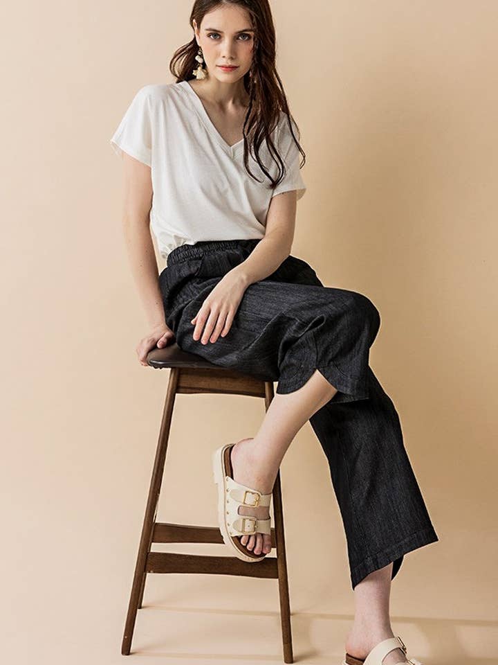 noflik - Wholesale Pants - Women's - Plus Denim WideLeg Crop Pants w/ Dolphine Tail Hem-INP1021
