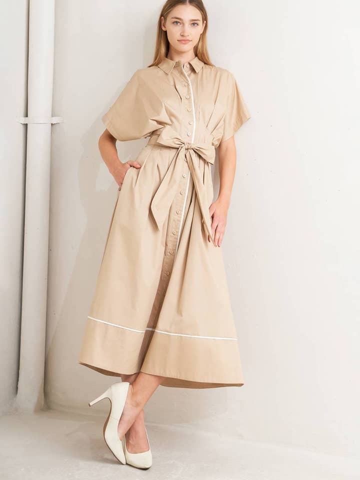 A solid woven midi dress - FD1981KHAKI WHITE for wholesale by FLYING TOMATO