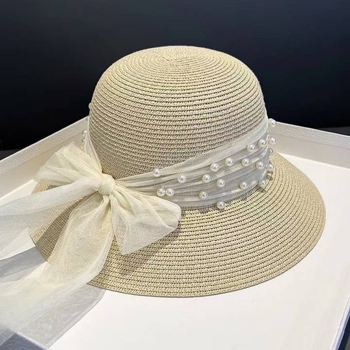 ACCITY - Wholesale Straw Hat - Women's - Summer Elegant Pearl Bow Straw Hat for Women_CWAH3401