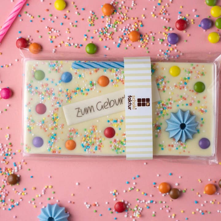 White Birthday Chocolate "Blue Candle" for wholesale by Schokifaktur