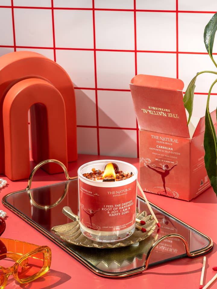 Candela di Cristallo di Corniola per la Felicità e l'Autostima – Vaniglia Caramello per la vendita all'ingrosso da parte di THE NATURAL EXPERIENCE