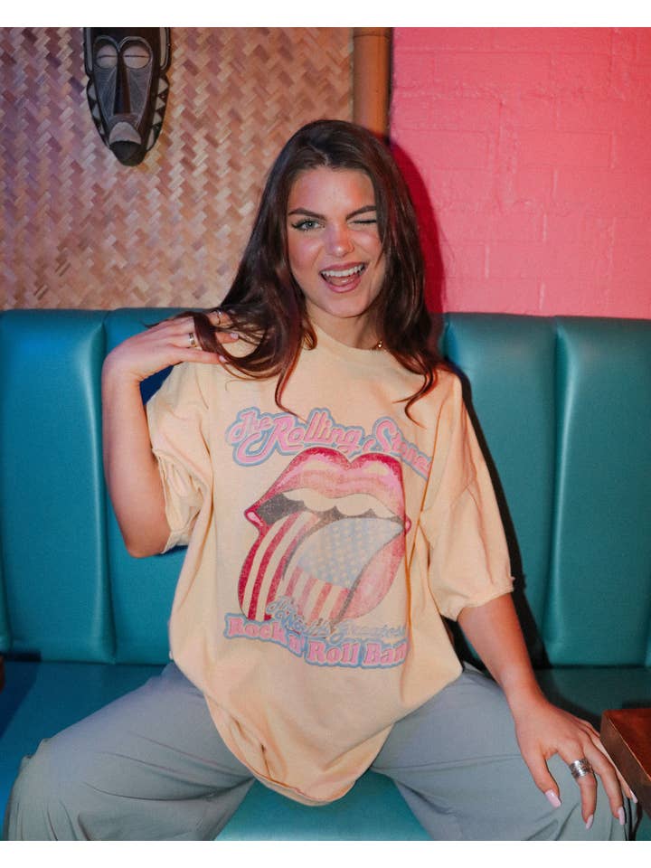 LivyLu - Wholesale Screen Printed T-Shirt - Unisex - Rollings Stones World's Greatest Band Yellow Thrifted Tee5