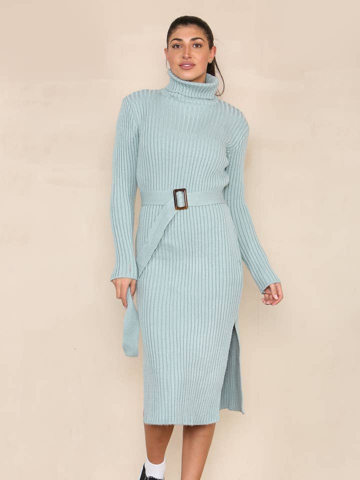 Sage Jumperkjole med rund hals og bælte for engroshandel hos Elainah Fashion