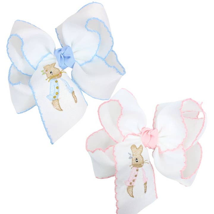Beyond Creations, LLC - Wholesale Hair Bow - Kids - EMBROIDERED PETUNIA RABBIT 5.5" HUGE CROCHET EDGE BOWS