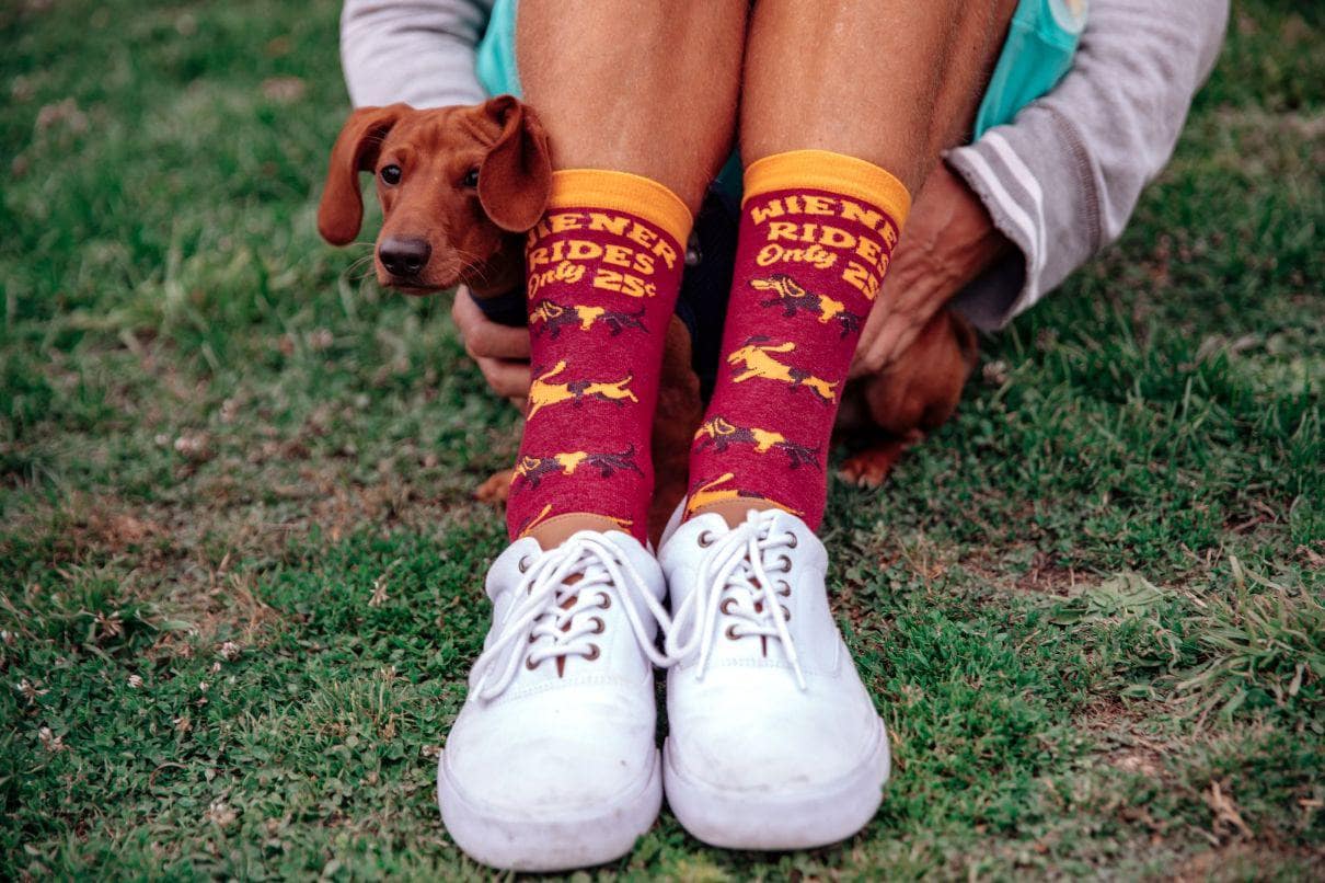Red Mens Wiener Rides Socks Funny Dog Sock for Guys Daschund for wholesale on Faire4