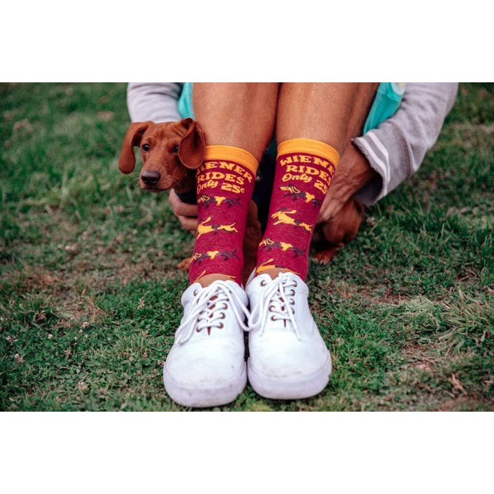 Red Mens Wiener Rides Socks Funny Dog Sock for Guys Daschund for wholesale on Faire4