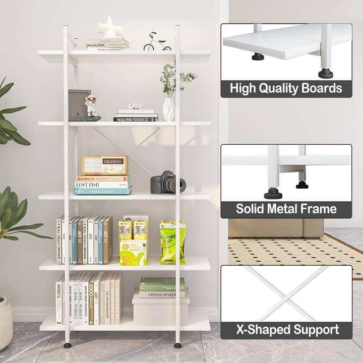 White 5 Tier Wooden Bookcase Tall Storage Organizer for wholesale on Faire3