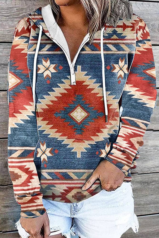 UNISHE - Wholesale Hoodie - Women's - Aztec Zipper Kangaroo Pockets Western Hoodie ZK3665
