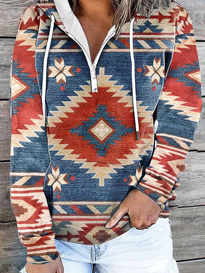UNISHE - Wholesale Hoodie - Women's - Aztec Zipper Kangaroo Pockets Western Hoodie ZK3665