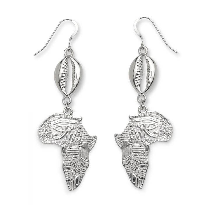 African Map .925 Sterling Silver Earrings with Cowrie Shells for wholesale by Better Jewelry