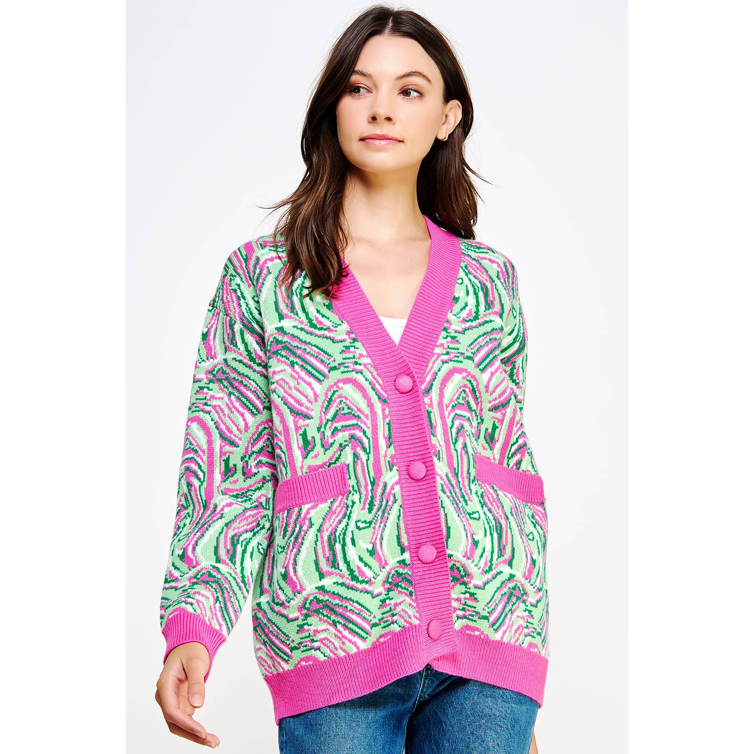 Rosa/Grön Multi Swirl Print Stickad Cardigan för wholesale på Faire1