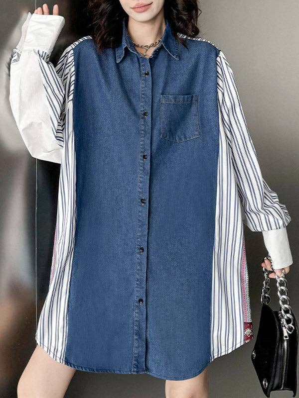 Sheer Trend - Vente Chemise à col boutonné – femme - Blouses et chemises à revers rayés à manches longues, amples et boutonnées, poches de couleur contrastante0