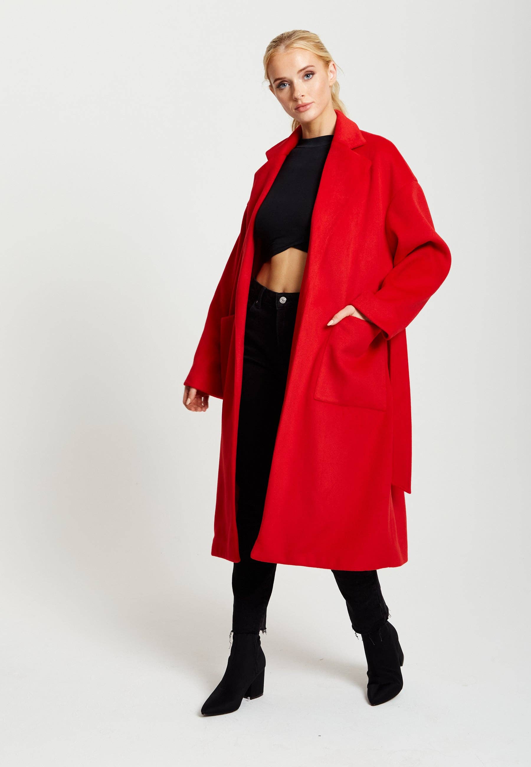 Liquorish Belted Longline Coat In Red for wholesale on Faire6