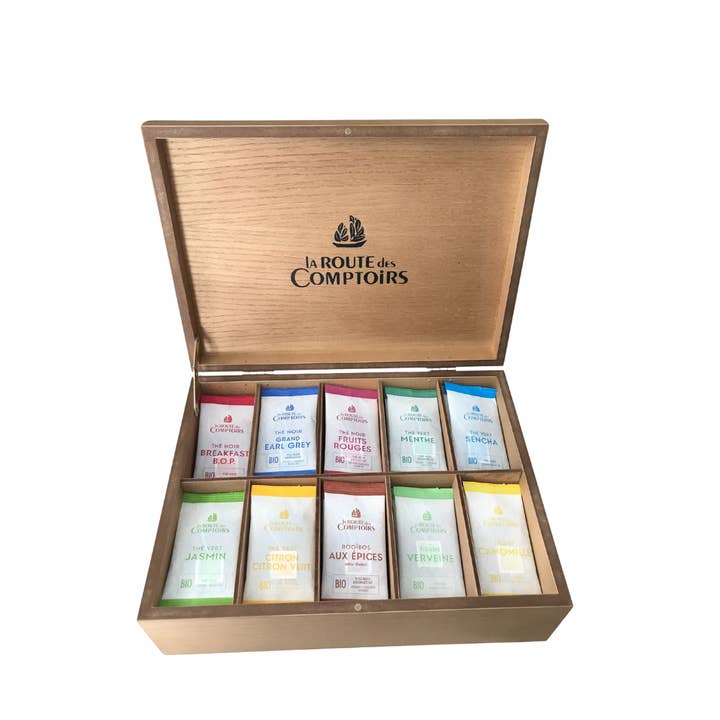 La Route des Comptoirs Wooden box holding 100 tea bags for wholesale by Cafés Richard Coffee & Tea