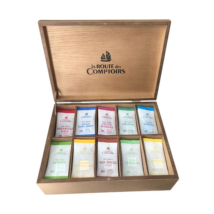 La Route des Comptoirs Wooden box holding 100 tea bags for wholesale by Cafés Richard Coffee & Tea