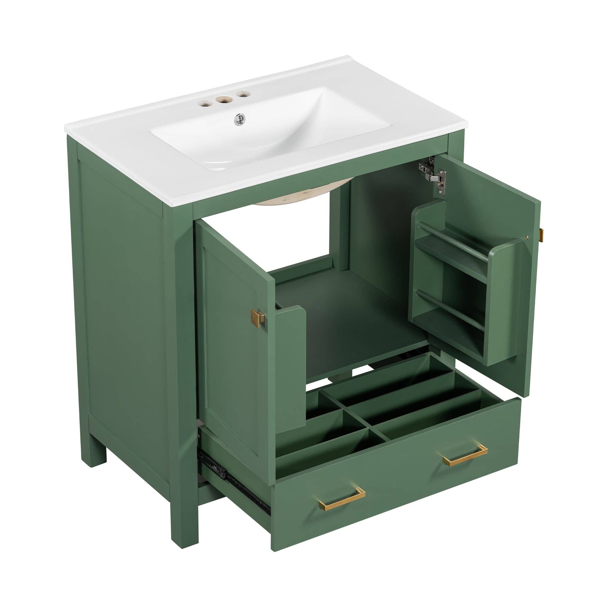 Orange County Decor - Wholesale Cabinet - 30 Inch Green Bathroom Vanity With Single Sink, Combination Under Counter Sink, Bathroom Storage Cabinet With 2 Doors And A Drawer, Soft Closure, Multifunctional Storage Wf324043 Green Bathroom16