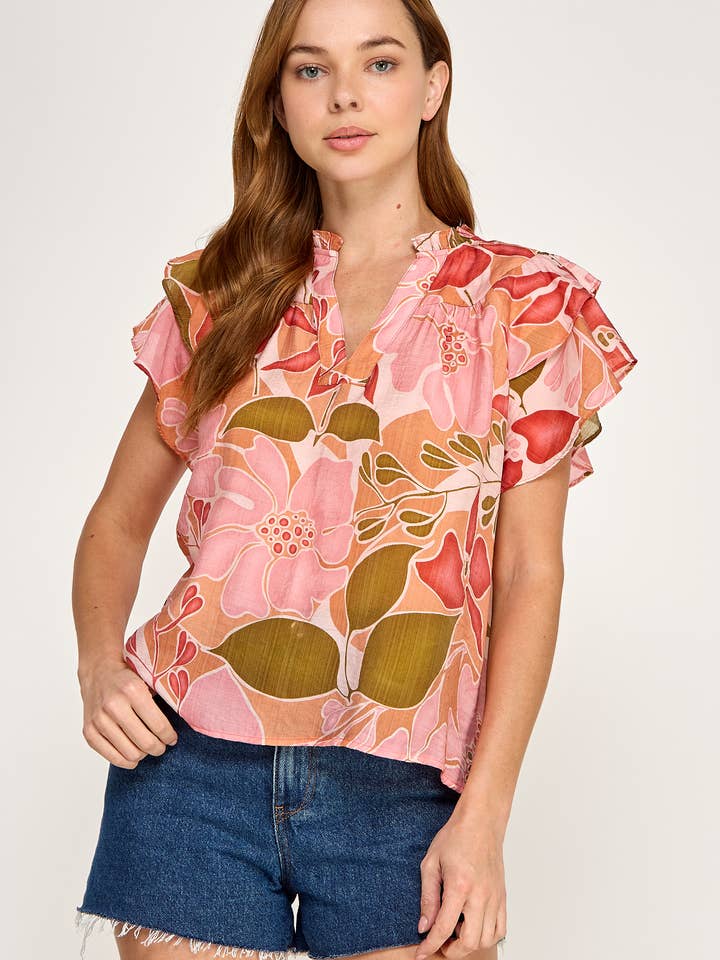 TT-10646-6 TOP DE MANGA FLUTUANTE - ROSA MULTI por atacado de Ellison