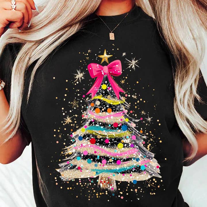 NVC Ecommerce LLC – Großhandel T-Shirt (Grafikdruck) – Damen – Coquette glitzernder Weihnachtsbaum-Pullover, Merry Xmas-Shirt2