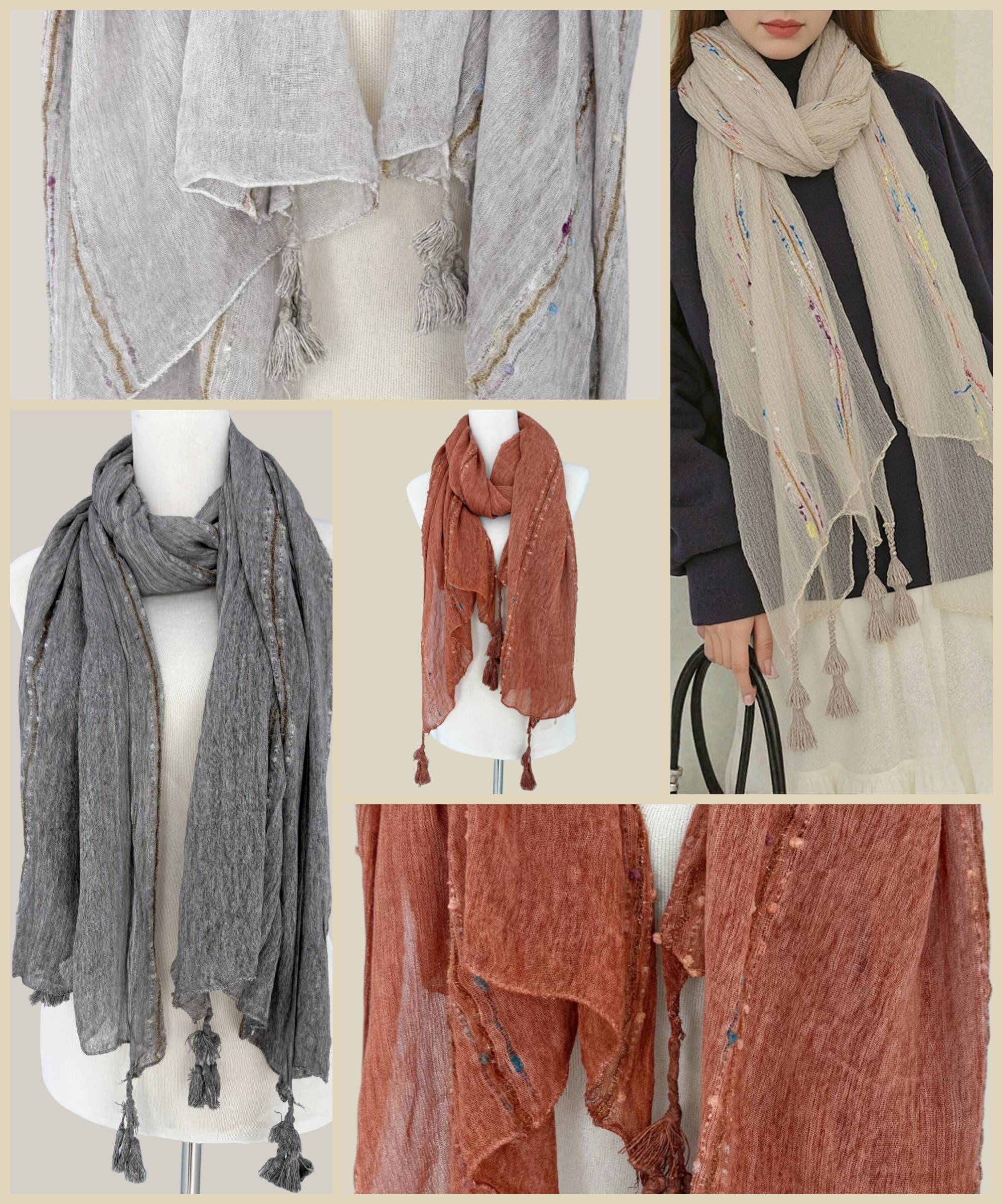 JC Sunny Fashion - Wholesale Scarf - Women's - Classic Ethnic Solid Tassels Scarf with Embroidered Stripes 9