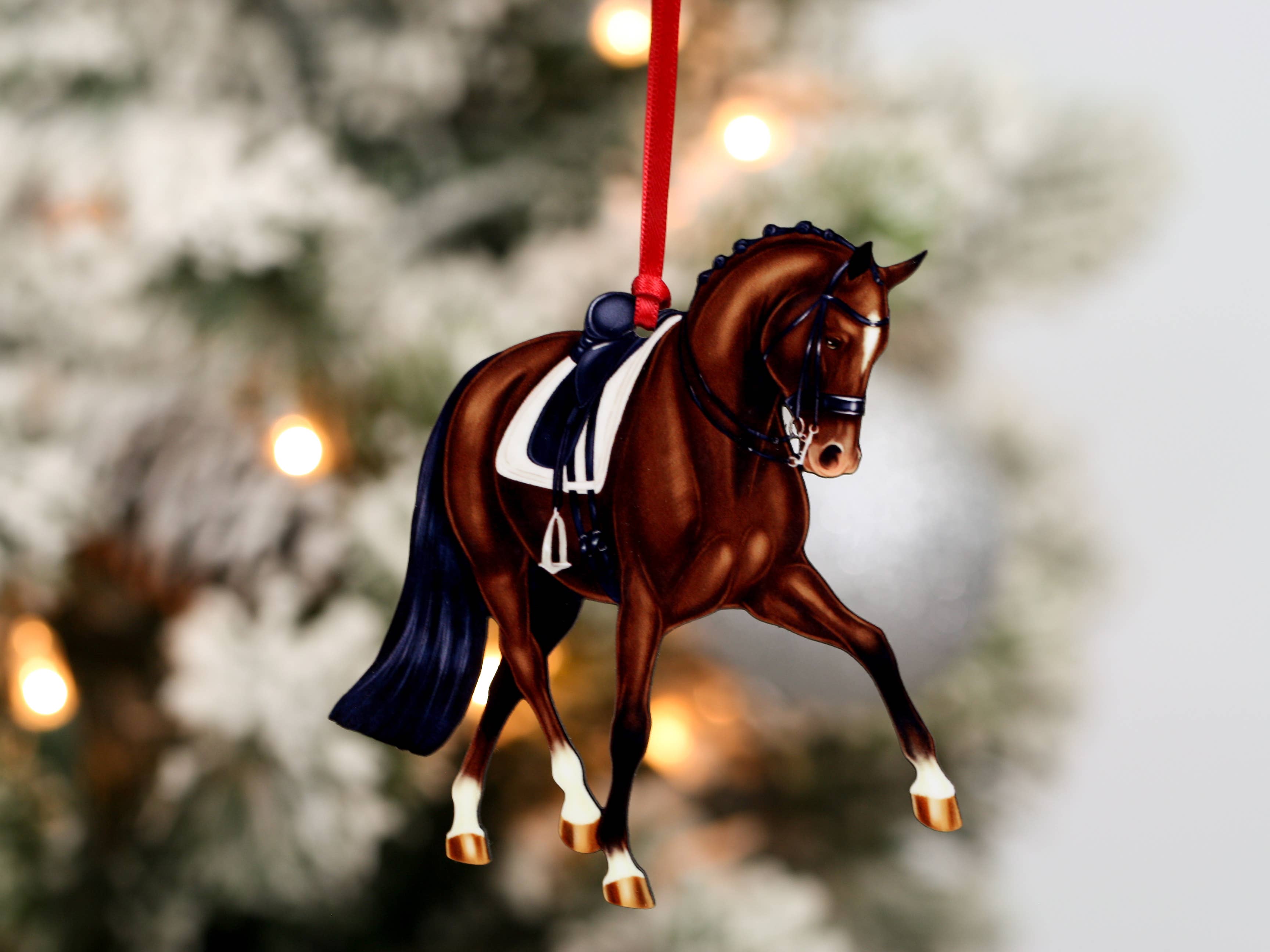 Classy Equine – wholesale Ornament – Dressage Horse Christmas Ornament -  Bay Half Pass Dressage2