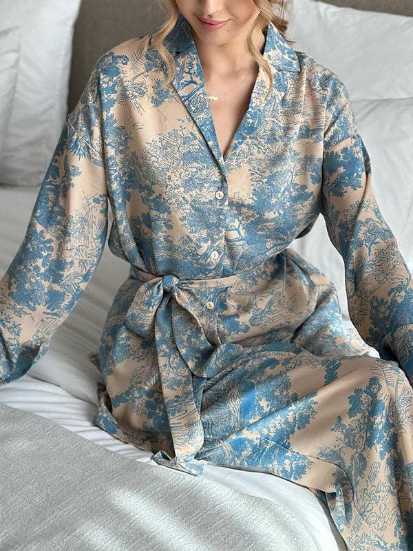 BLUE Long Sleeves Buttoned Printed Tied Waist Notched Collar Shirts Top + High Waisted Pants Bottom Two Pieces Set for wholesale on Faire8