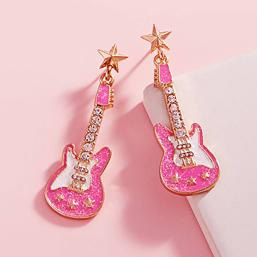 Sensibling Corp. - Wholesale Dangle Earrings - Stone Embellished Glittered Enamel Guitar Dangle Earrings
4