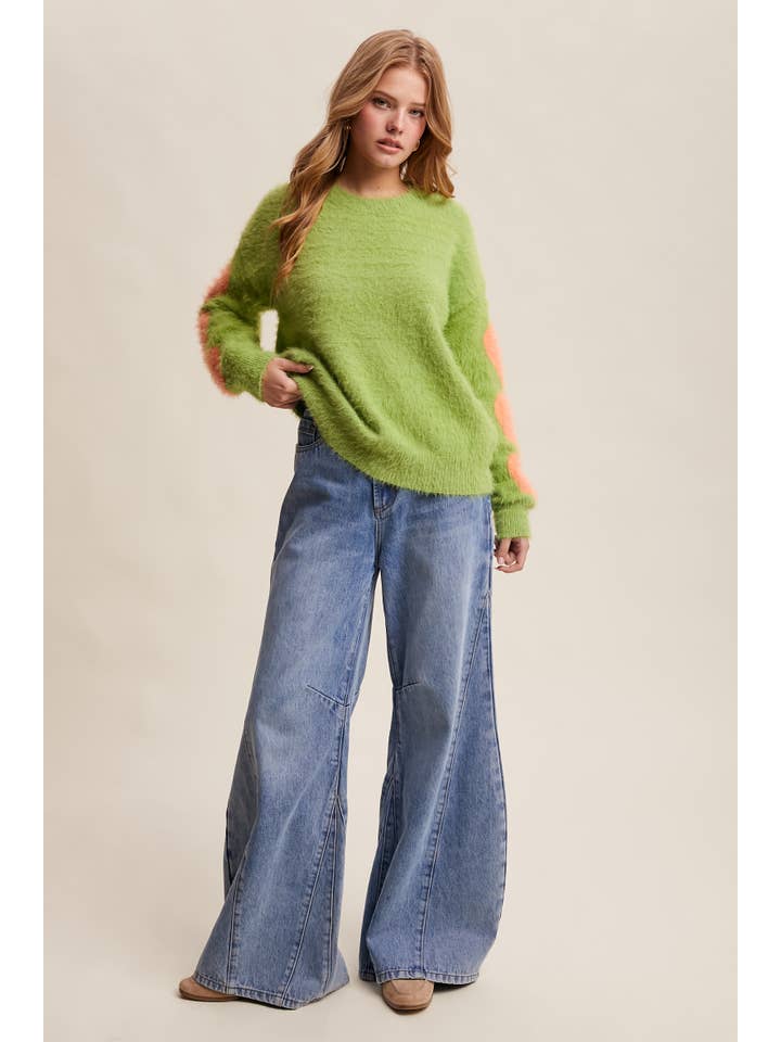 Listicle - Wholesale Knit Sweater - Women's - Fuzzy Heart-Sleeve Pullover Sweater LSW087210