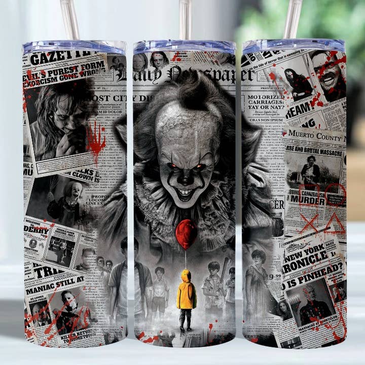 Knotted Gypsy Designs - Wholesale Insulated Mug/Tumbler - Horror Pennywise Bloody Newspaper 20oz Tumbler