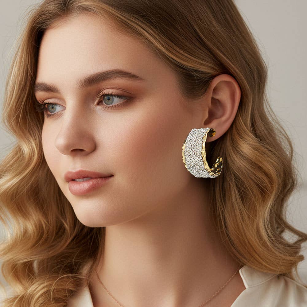 Sensibling Corp. - Wholesale Hoop Earrings - Bold Wide Rhinestone Paved Textured Metal Hoop Earrings0