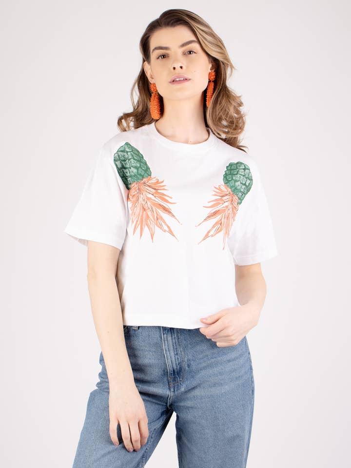 White Pineapple Printed Cropped T-shirt for wholesale by Arara