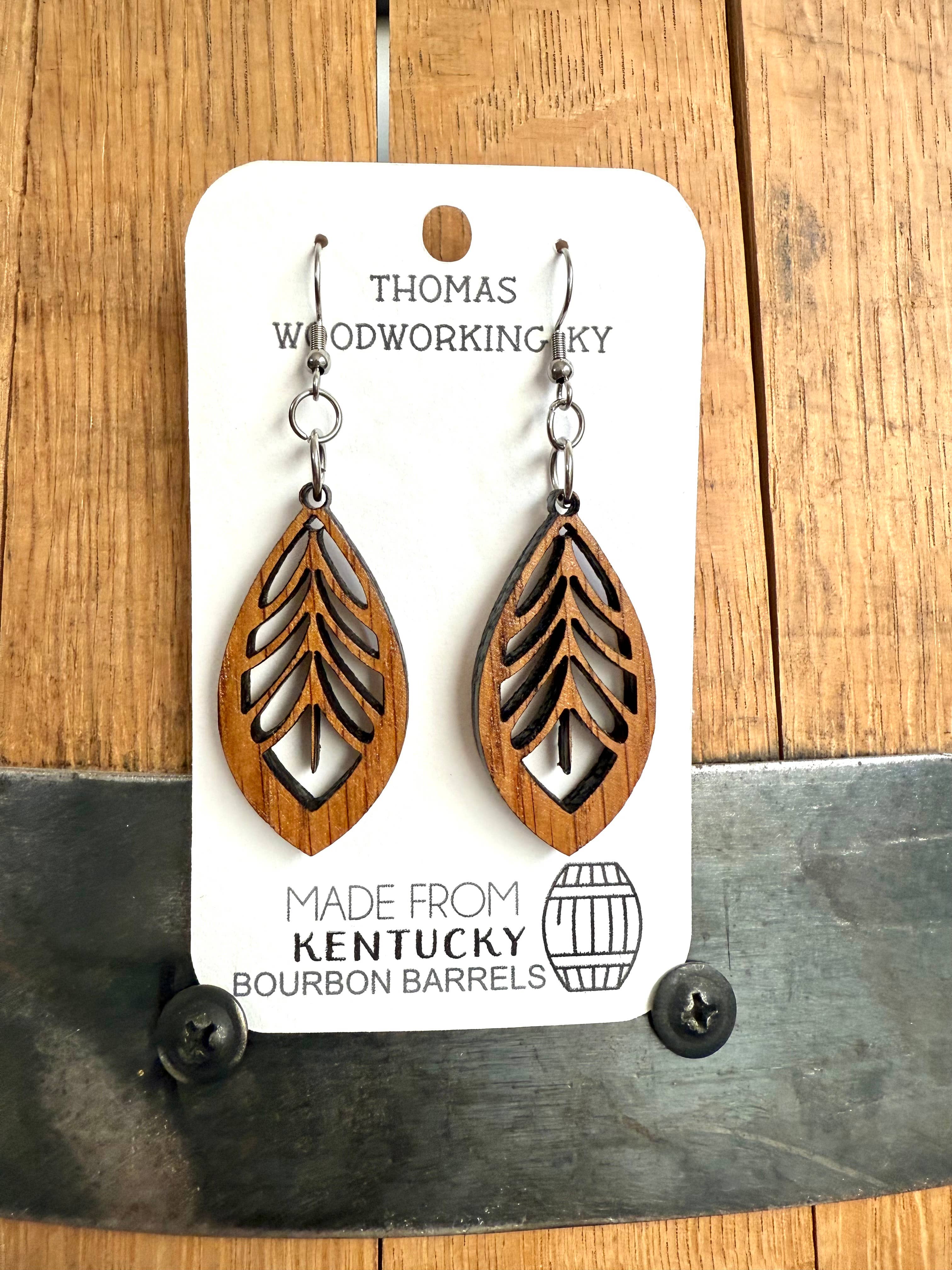 Brown Wood Bohemian Earrings made from bourbon whiskey barrels. for wholesale on Faire6