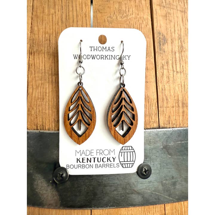 Brown Wood Bohemian Earrings made from bourbon whiskey barrels. for wholesale on Faire6