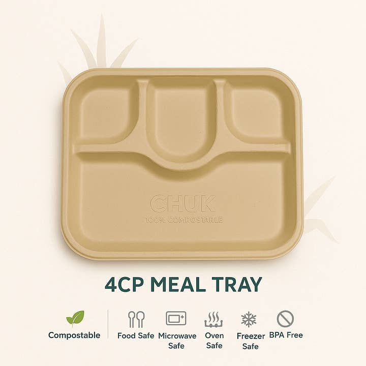Plateaux-repas à 4 compartiments (Caisse de 500 | 20 x 25 paquets) - 100 % compostables fabriqués à partir de bagasse de canne à sucre pour la vente par Nutribite EcoWare
