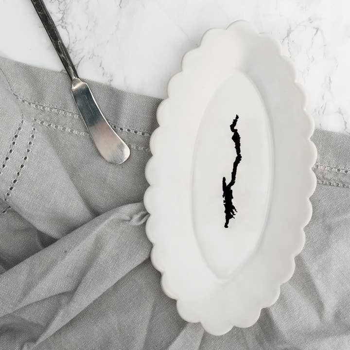 Lake George, NY White Ceramic Scallop Tray for wholesale by Stuck in the Mud Pottery