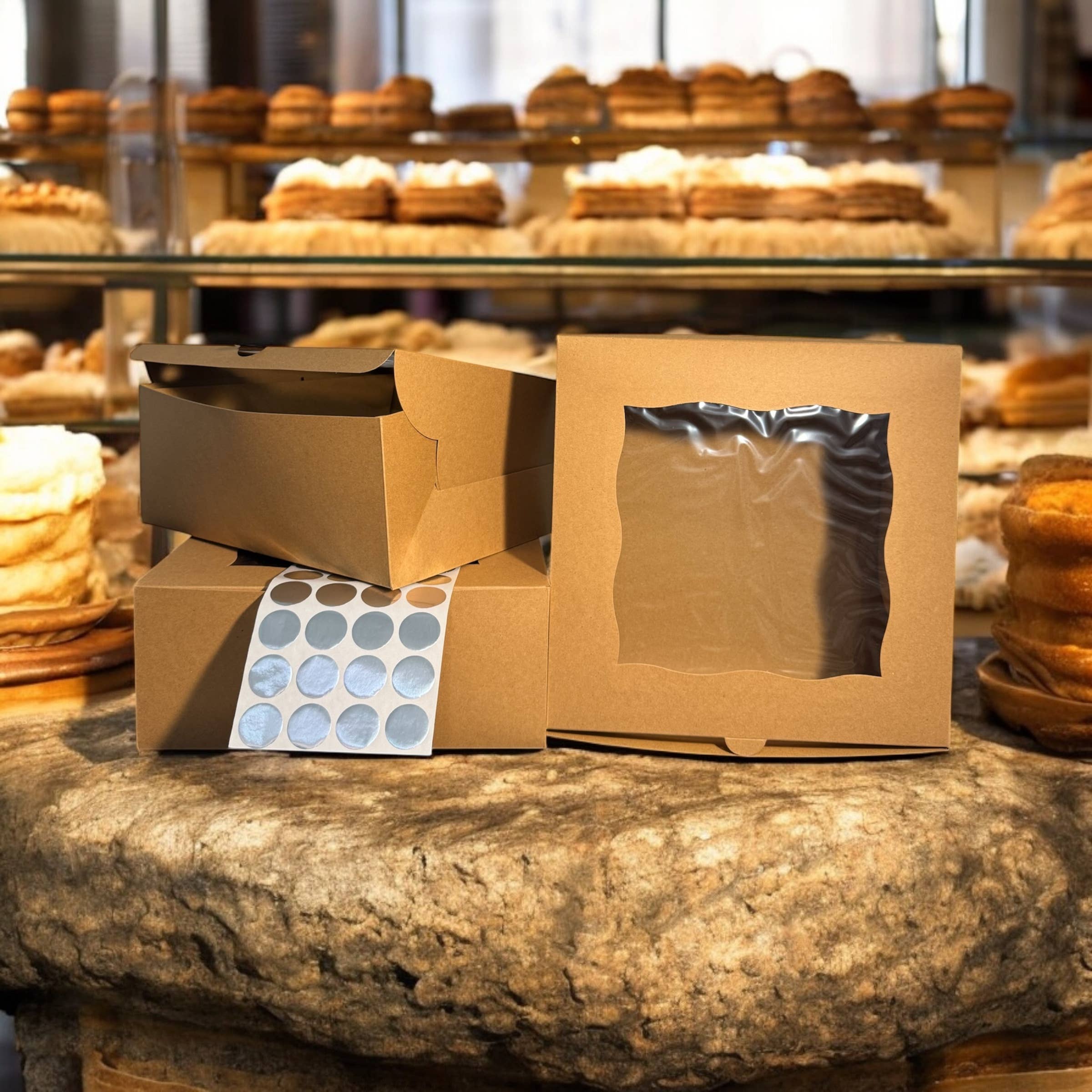 Tennessee IMPEX - Wholesale Cake Stand - 25-Pack Kraft Bakery Cake Boxes with Clear Window | Eco-Friendly Take-Out Packaging for Cakes, Cupcakes, Pies, Donuts & Treats – Large (12x12x5"), Medium (10x10x4"), Small (8.5x8.5x3") Sizes2