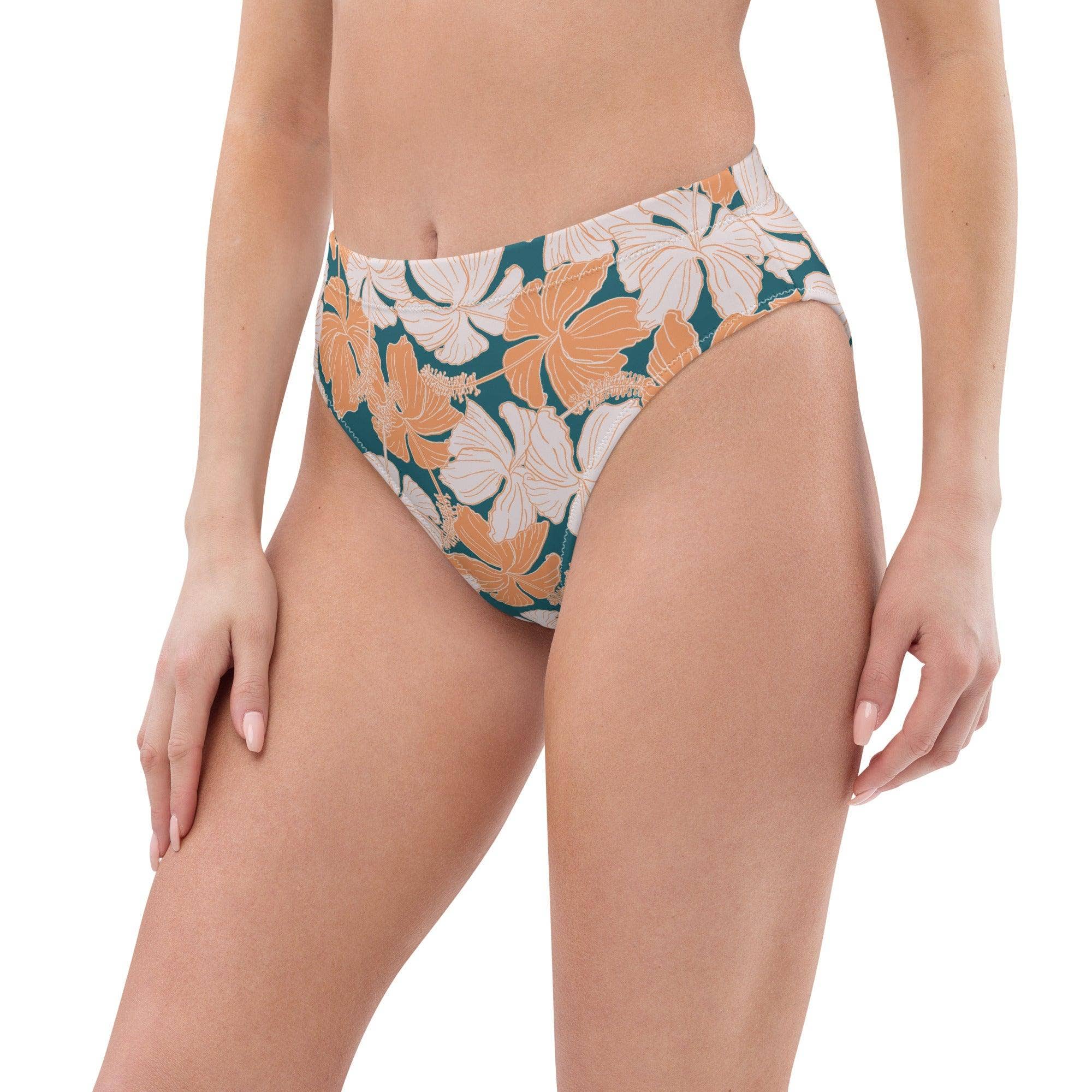 Solshine and Co - Wholesale Swim Bottoms - Women's - Vintage Hibiscus in Coral/Turquoise High Waisted Bikini Bottom1