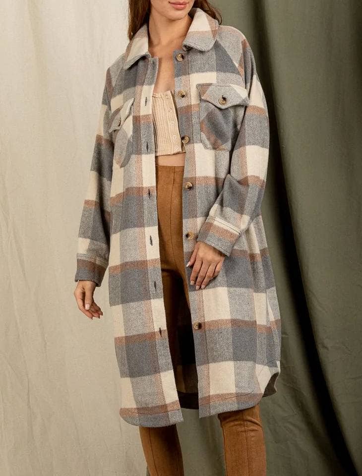 HIDDENBRAND - Wholesale Shirt Jacket/Shacket - Women's - Long Plaid Jacket With Large Lapel Pockets3