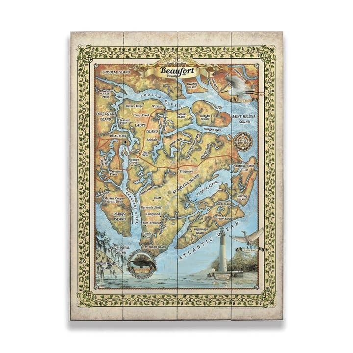 Beaufort Caroline du Sud : Carte illustrée - Décoration murale pour la vente par Old Wood Signs
