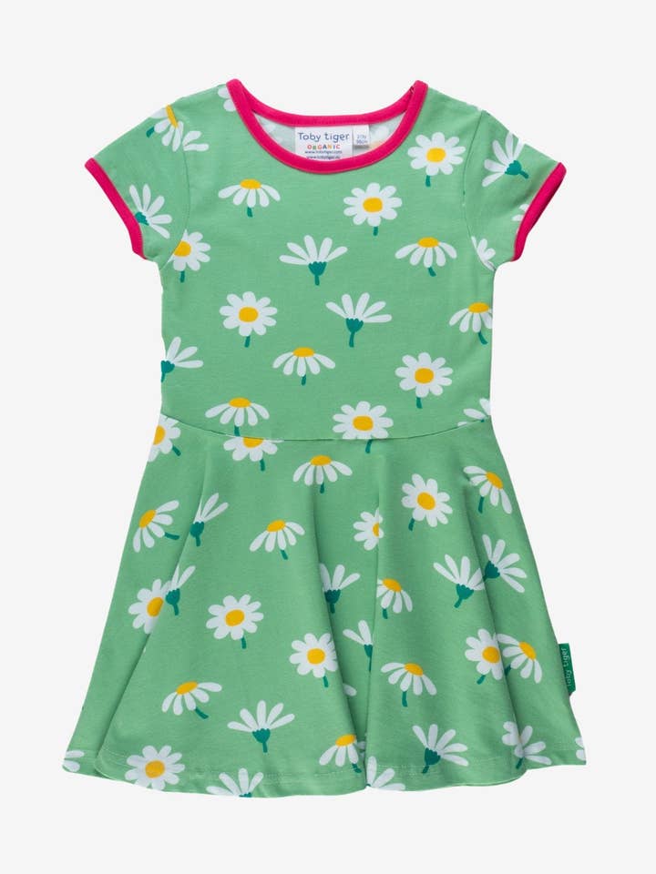 Kortærmet skaterkjole til børn i økologisk bomuld med margueritprint for engroshandel hos Toby Tiger GmbH