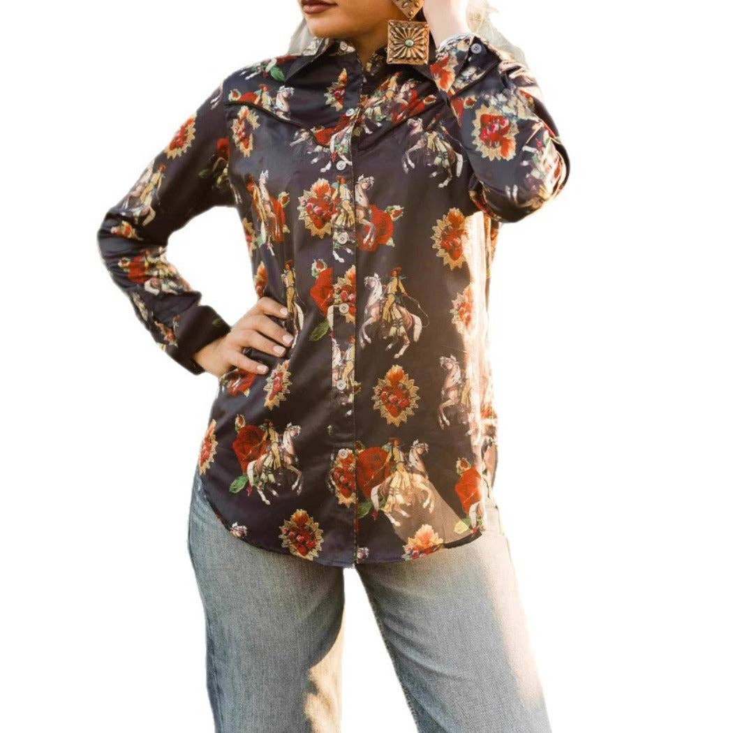 Funkyrel® Atzbranding Limited - Vente Chemise à col boutonné – femme - Crosa - Chemise à manches longues imprimée Western - Cowgirl urbaine1