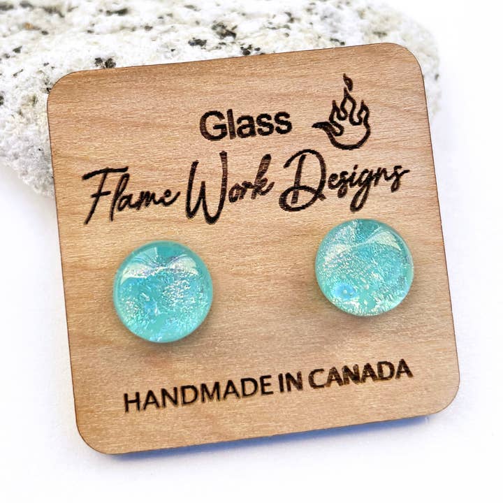 Flame Work Designs - Glass Jewelry - Wholesale Stud/Post Earrings - Dichroic Glass Studs - Light Blue - 9mm0