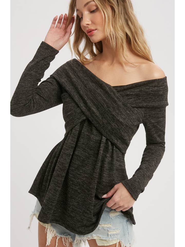 Bluivy - Wholesale Knit Top - Women's - MARLED KNIT CROSSOVER OFF SHOULDER TOP1