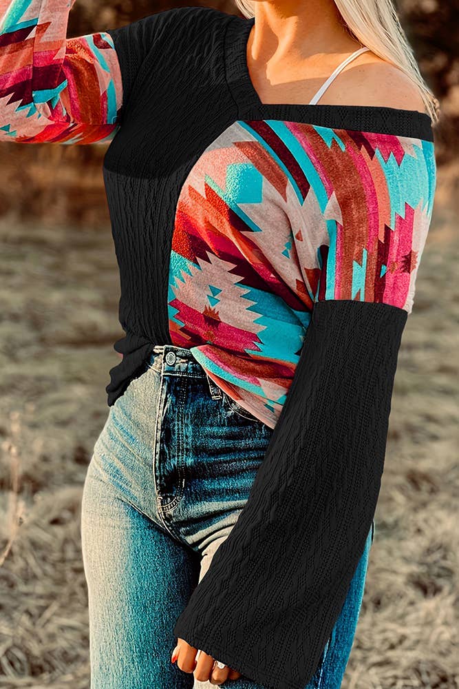 UNISHE – wholesale Knit top – Women's – Aztec Splicing Long Sleeves V Neck Western Knitting Top ZK10834