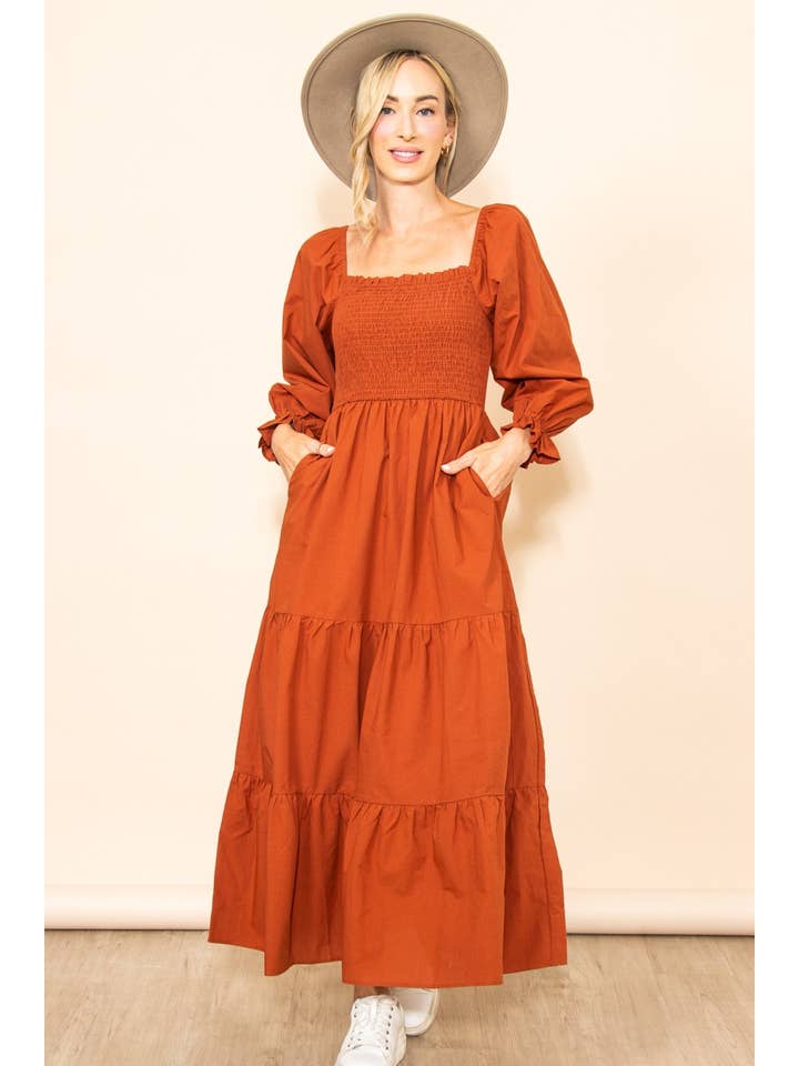 Elloh Collection - Wholesale Dress - Women's - Long Sleeve Smocked Chest Flattering Maxi Dress