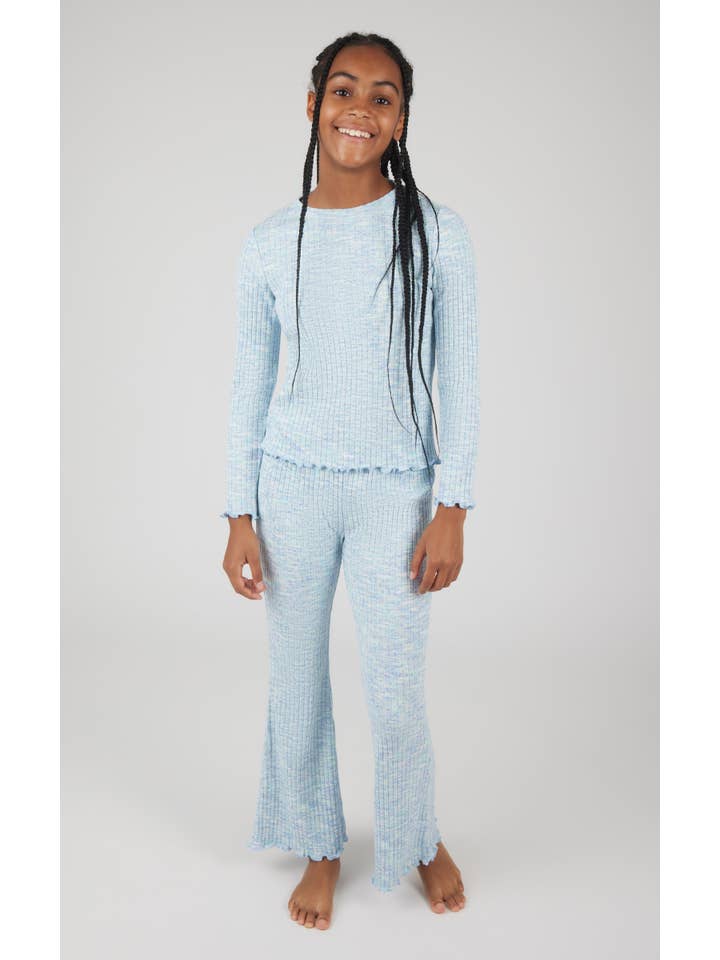 90 Degree by Reflex & Yogalicious - Wholesale Top & Pant Set - Kids - Girls Rib Knit Lettuce Edge Top and Flare Pant - Set 2