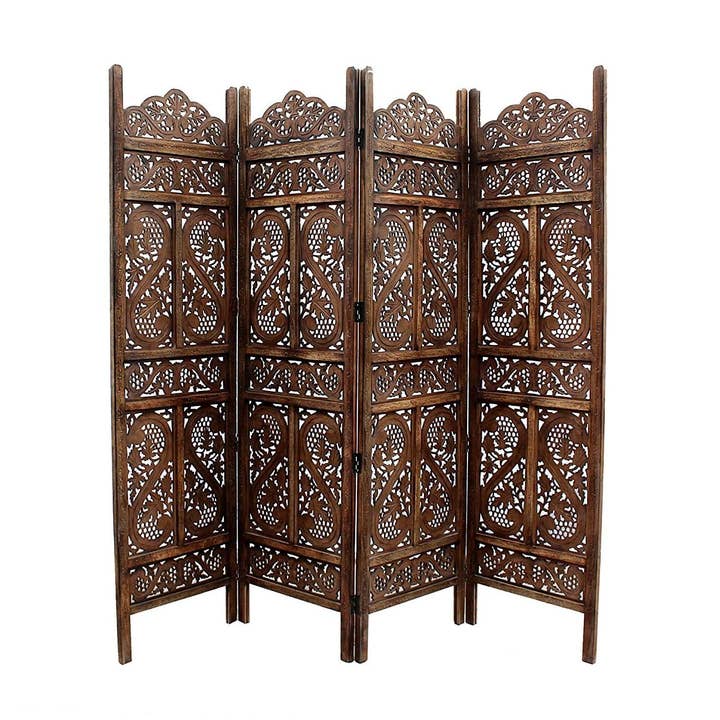 Paravent en bois de manguier fait main avec motifs floraux, 4 pièces, écran de confidentialité décoratif et peu encombrant pour salon, chambre, bureau et balcon, 203x2x180 cm, marron pour la vente par iAnanas